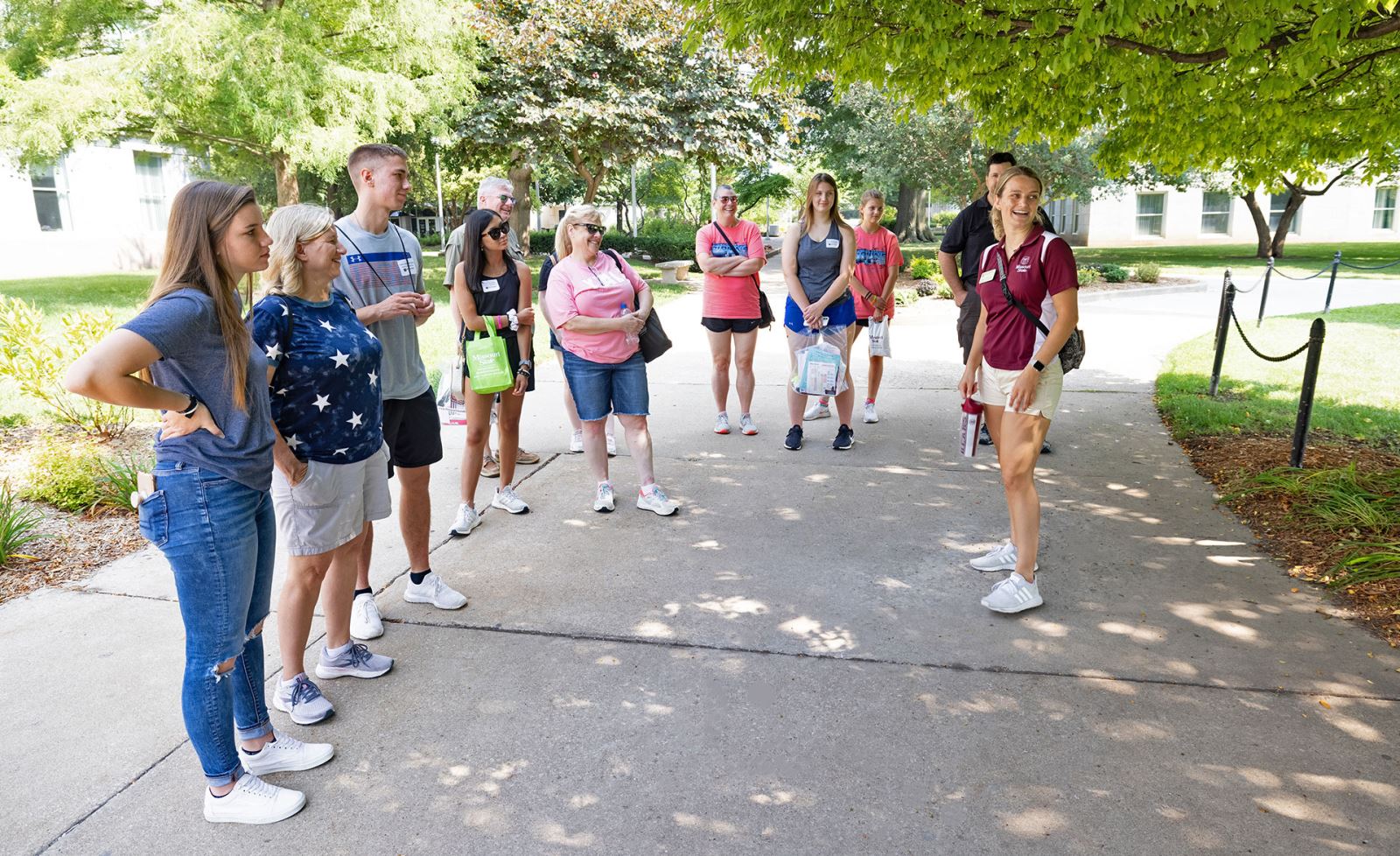 Students on a campus tour led by a student ambassador